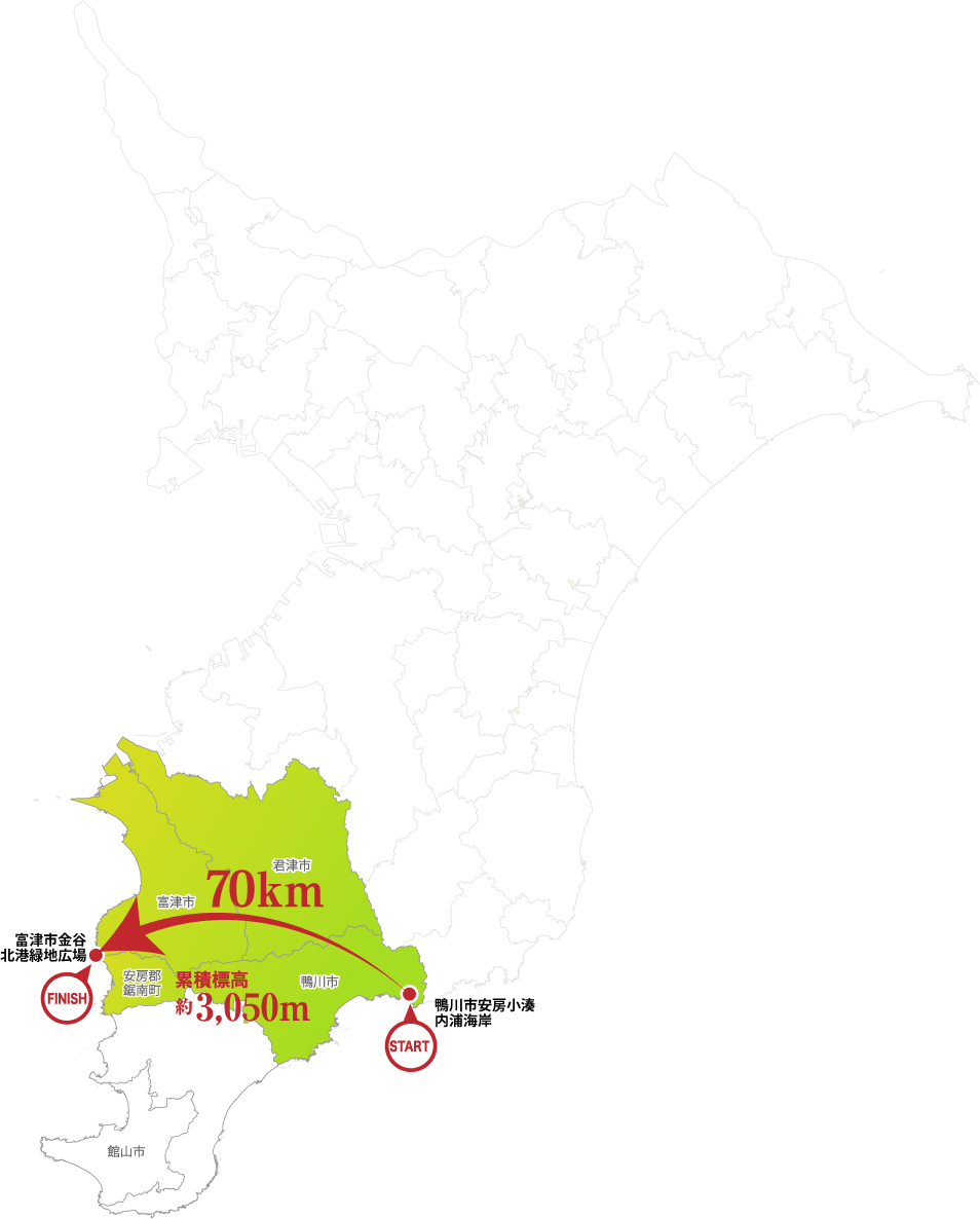 【START】鴨川市安房小湊・内浦海岸から、約70km・累積標高約3,050mを駆け抜け、【FINISH】富津市金谷・北港緑地広場へ。
